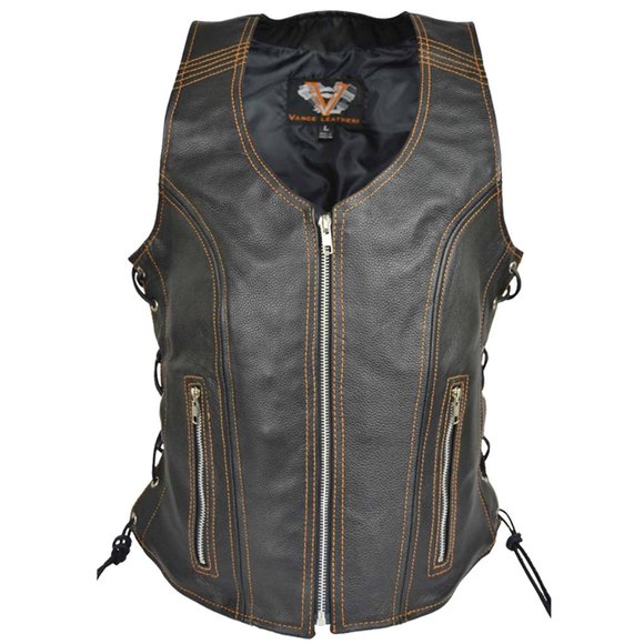 Women's Black Lace Side Zipper Pocket Premium Cowhide Leather Biker Vest - Picture 5 of 13